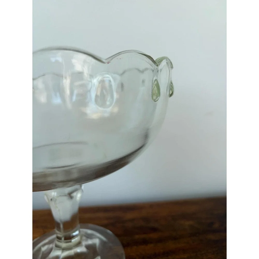 Vintage Clear Glass Pedestal Bowl Scalloped Edge Thumbprint Footed Compote Dish